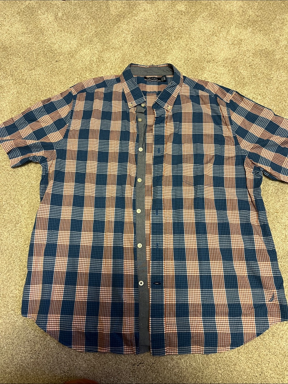 Nautica Blue and Tan Plaid Short-Sleeve Button-Down Shirt